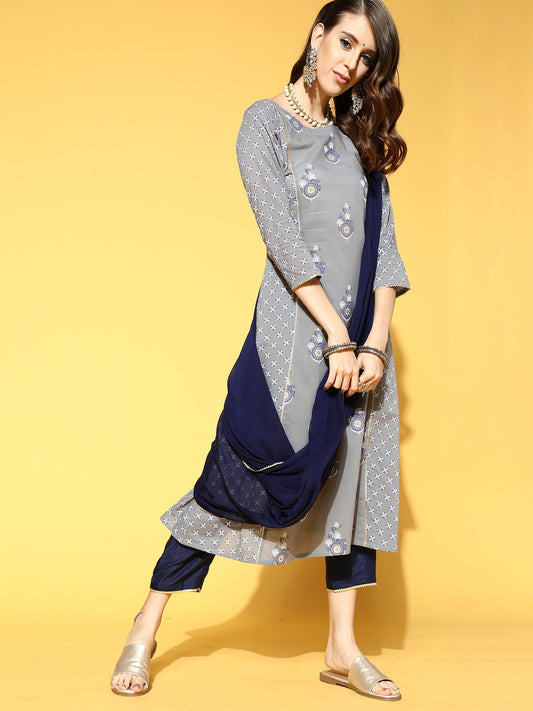 Women Grey Printed A-Line Kurta Trouser With Dupatta Set