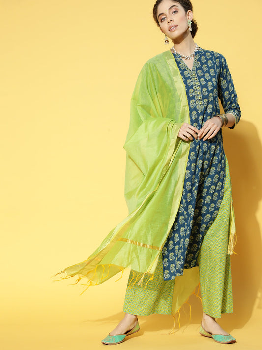 Women Blue Printed Straight Kurta Palazzo With Dupatta Set