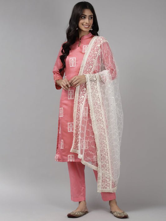 Women Pink Embroidered Straight Kurta Trouser With Dupatta Set