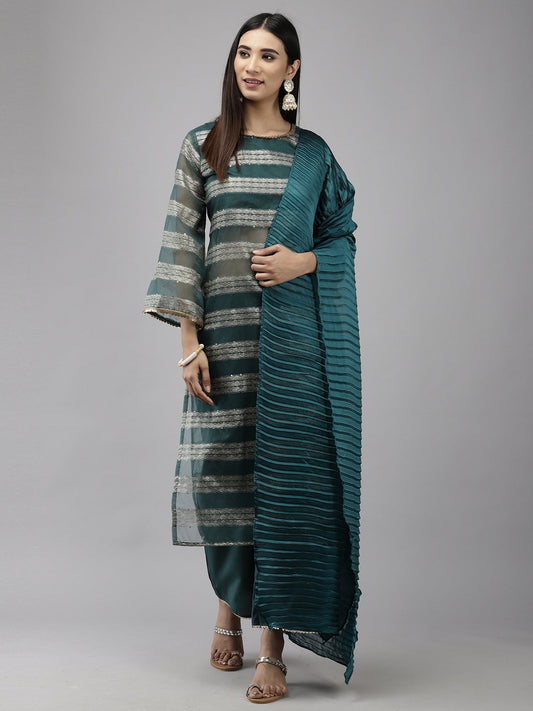 Women Teal Striped Straight Kurta Palazzo With Dupatta Set