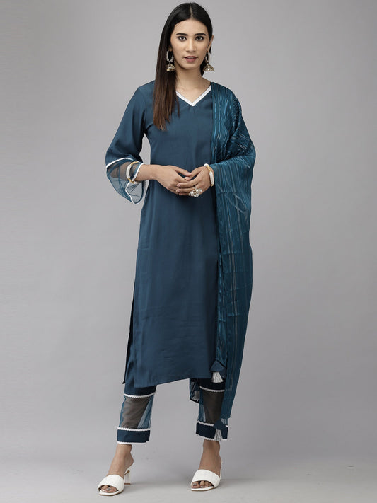 Women Teal Straight Kurta Trouser With Dupatta Set