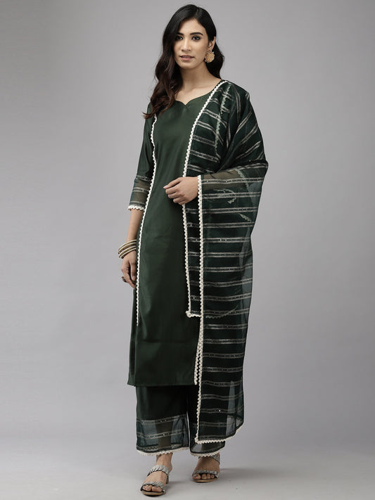 Women Green Straight Kurta Palazzo With Dupatta Set