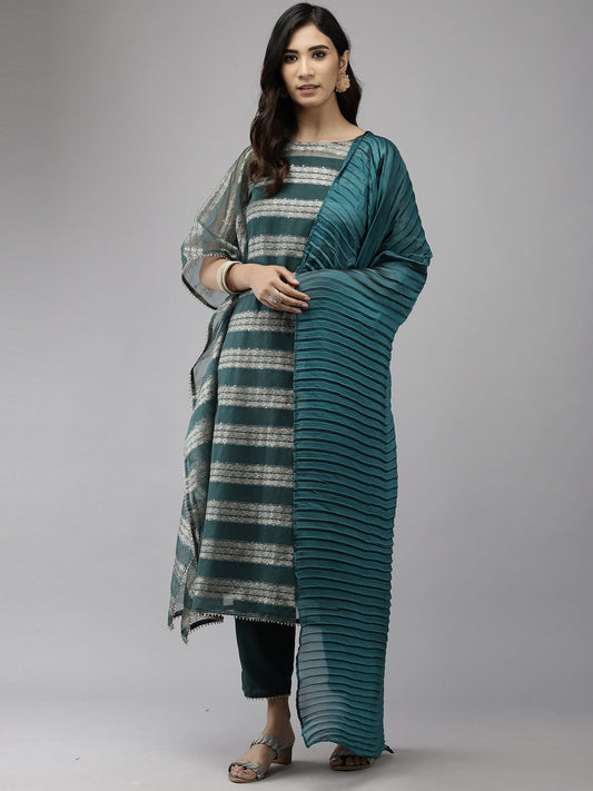 Women Teal Straight Kaftan Trouser With Dupatta Set