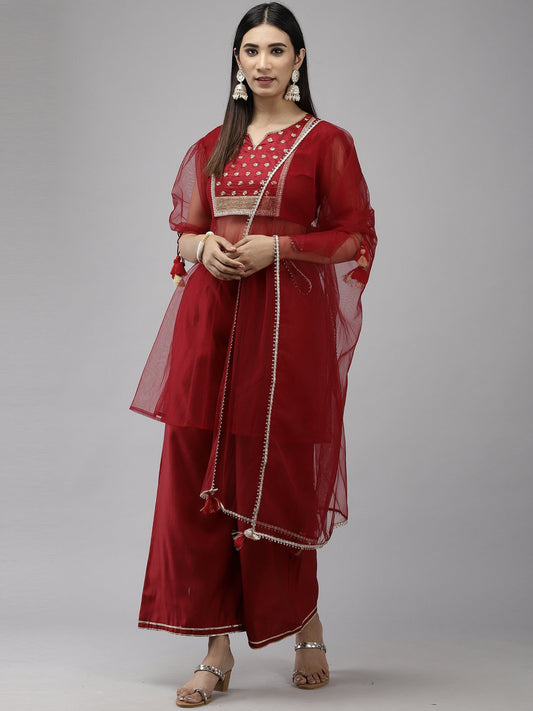 Women Red Embroidered A-Line Kurta Palazzos With Dupatta Set