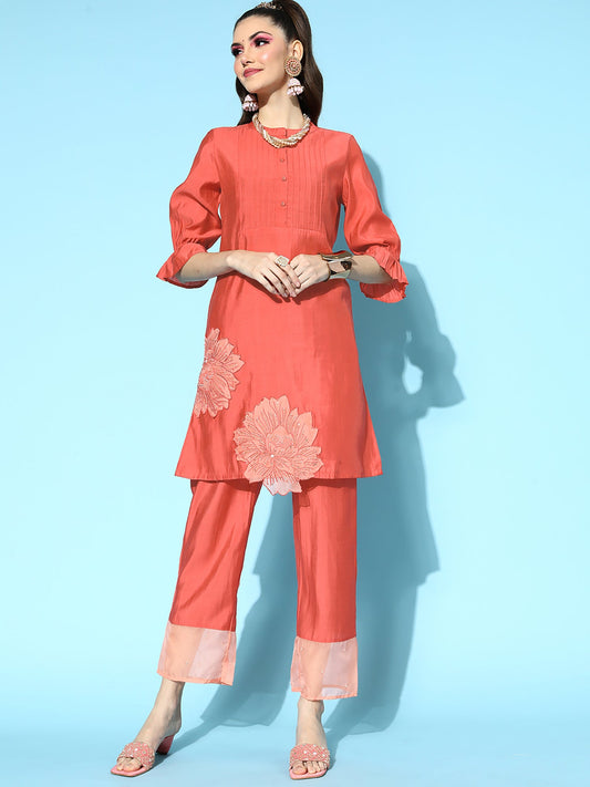 Women Rust Embroidered A-Line Kurta With Trousers Set