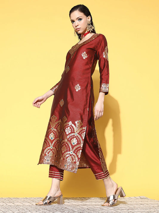 Women Maroon Woven Design Straight Kurta Palazzos Set