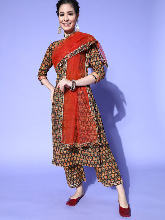 Women Printed Straight Kurta Palazzos With Dupatta Set