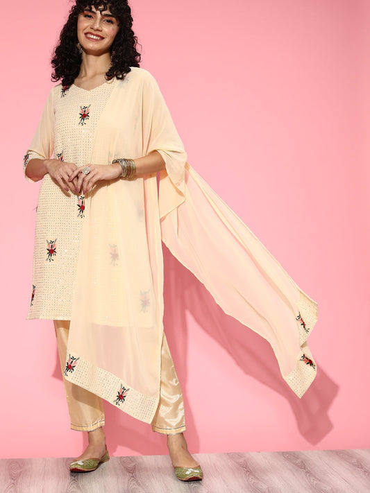 Women Peach Embroidered Straight Kurta Sharara With Dupatta Set