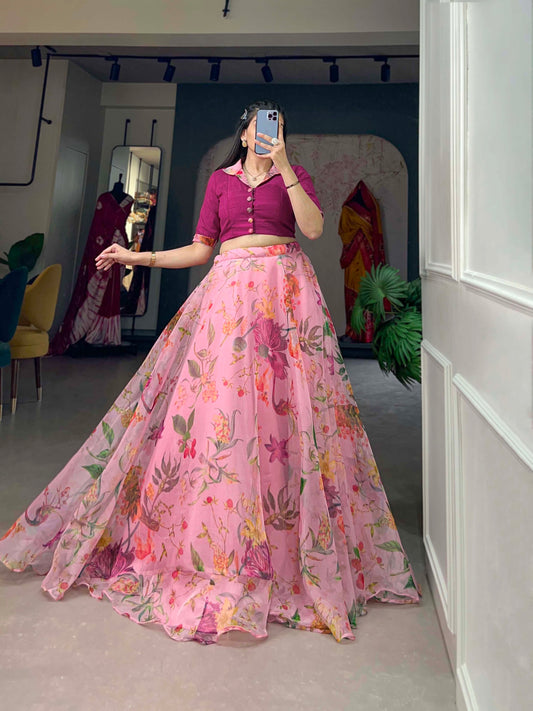 Women's  Organza With Floral Print Crop Top Lehenga