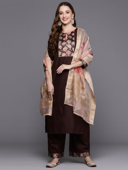 Women Brown Yoke Design Straight Kurta Palazzos With Dupatta Set