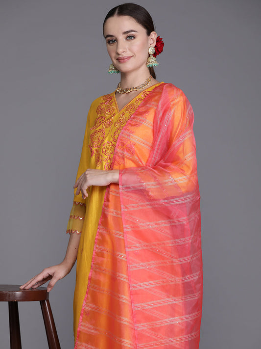 Women Yellow Embroidered A-Line Kurta Trousers With Dupatta Set