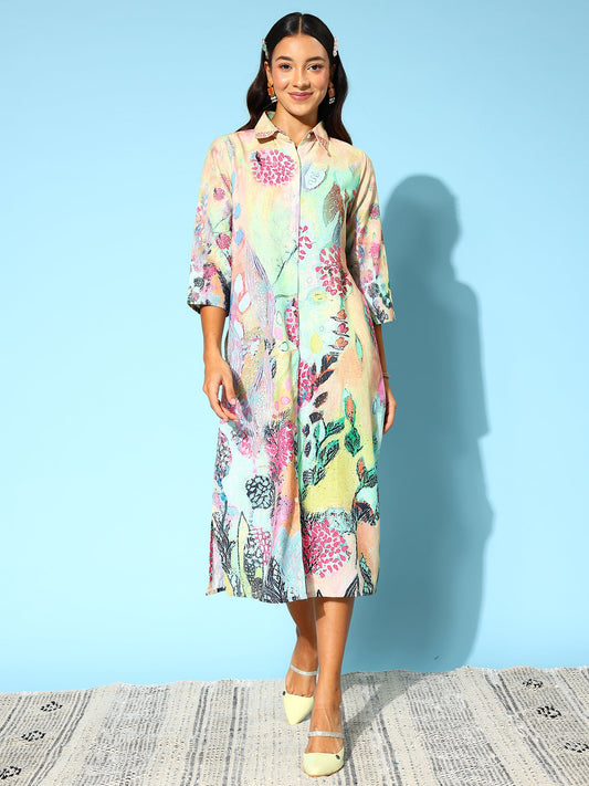 Women Ethnic Motifs Print Cotton Shirt Midi Dress