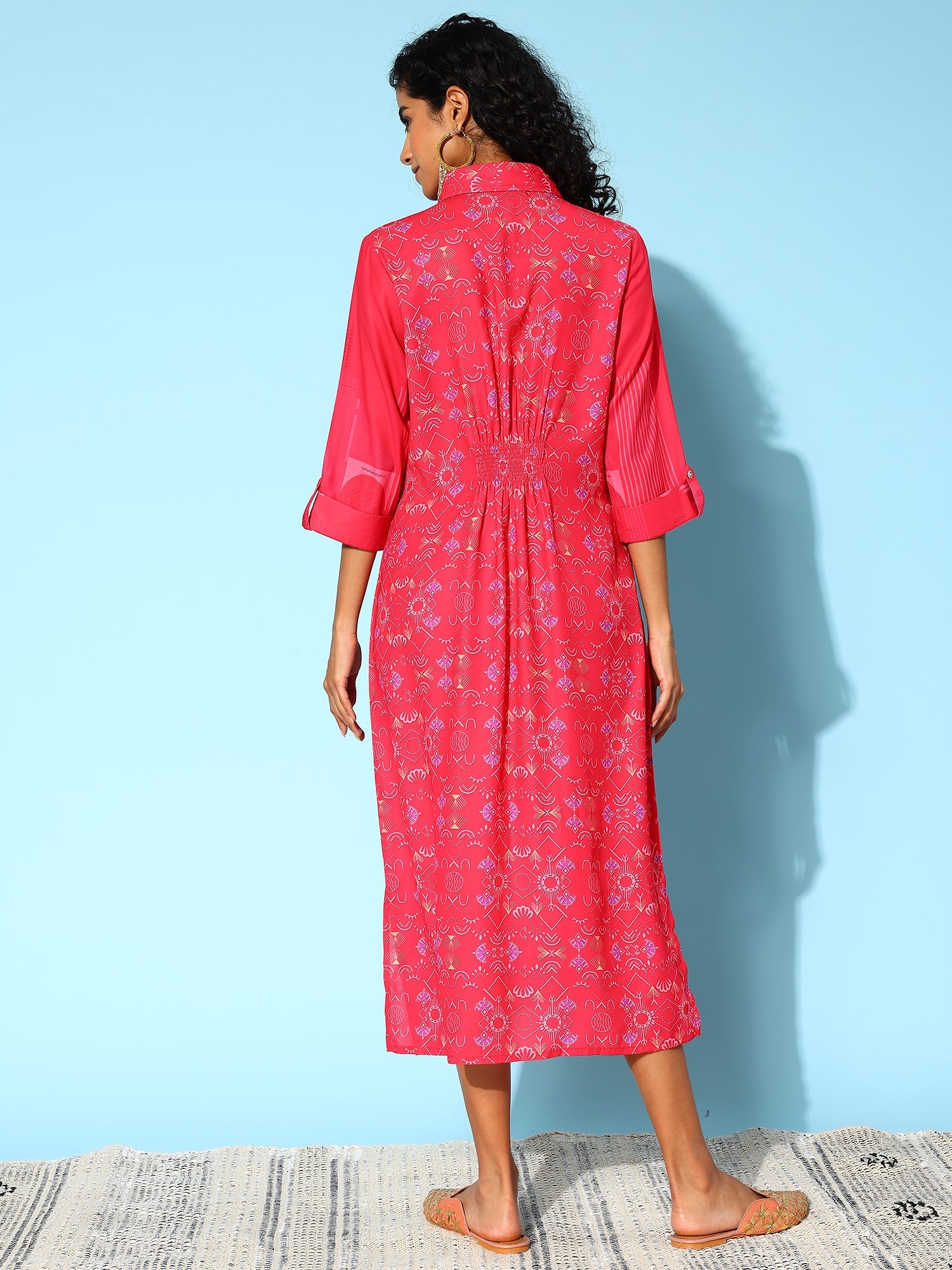 Women Floral Print Shirt Midi Dress