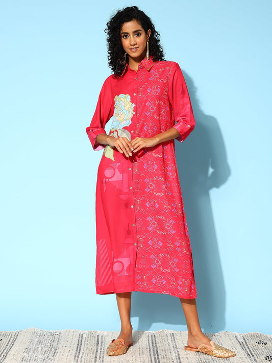 Women Floral Print Shirt Midi Dress