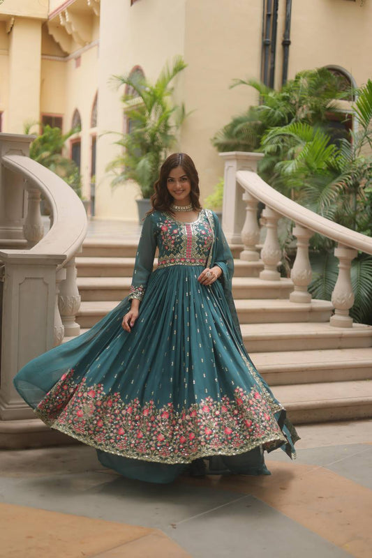 Teal Blue Embroidery Work Georgette Lehenga