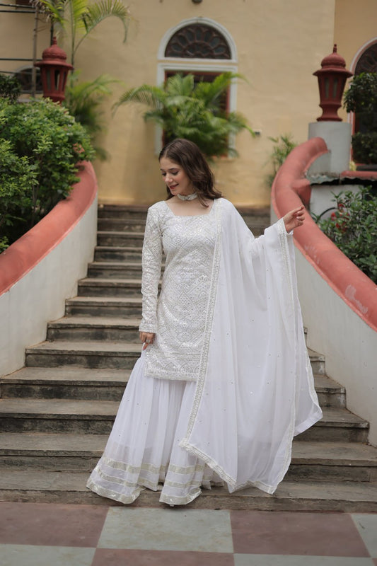 White Embroidered Sharara Set