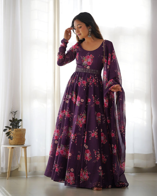 Wine Soft Organja Silk Kurta Set  With Floral Print