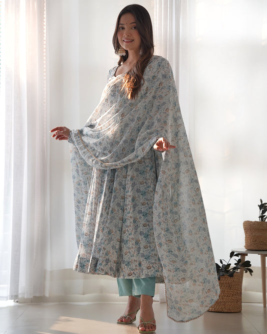 Sky Chiffon  Kurta Set  With Floral Print