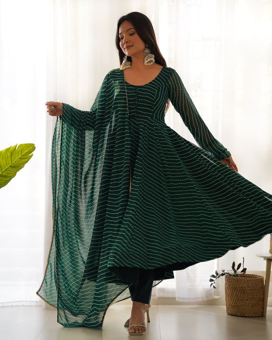 Bottlegreen Pure Fox Georgette Kurta Set  With Laheriya Print