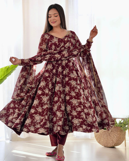 Dark Maroon Georgette Floral Print Kurta