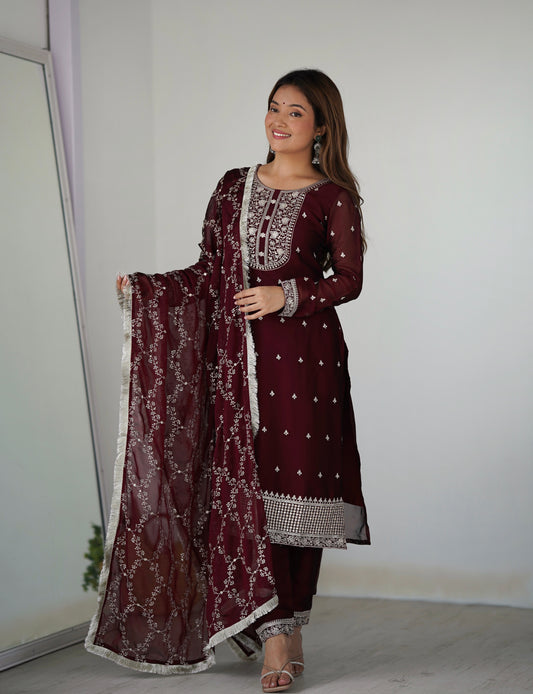 Maroon Blooming Rangoli Silk Kurta Set  With Embroidery Sequence And Thread Work