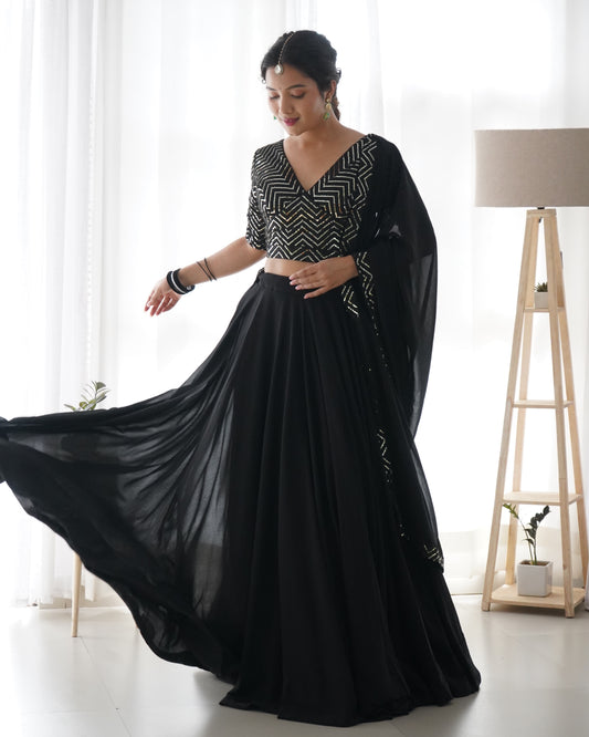 Black Stripe Embroidery Lehenga Set