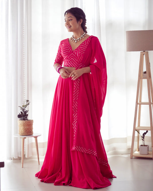 Pink Stripe Embroidery Lehenga Set