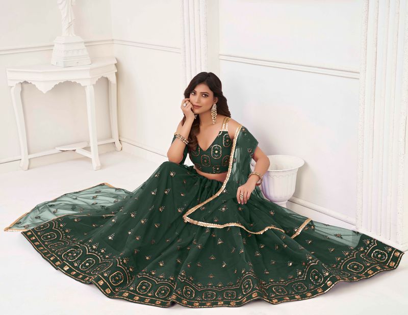 DARK GREEN COLOR NET FABRIC LEHENGA CHOLI