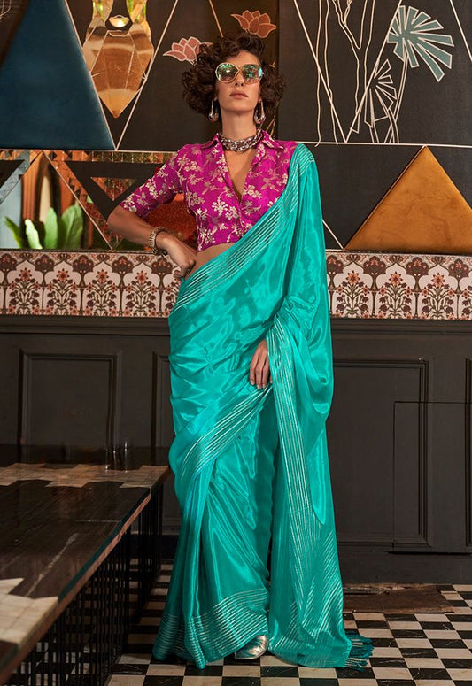 Turquoise zari woven saree