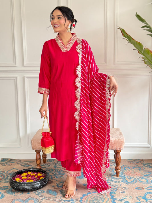 Red Viscose Chanderi Embroidered Kurta