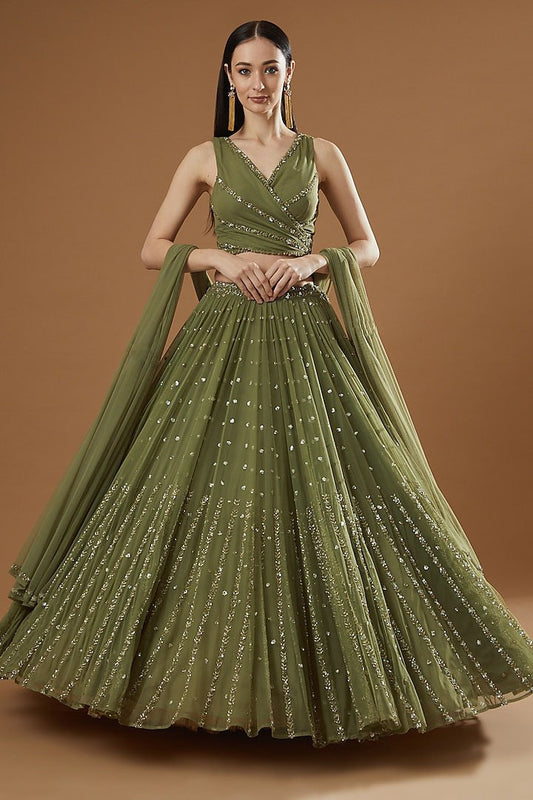 Olive Zari Mirror Work Lehenga