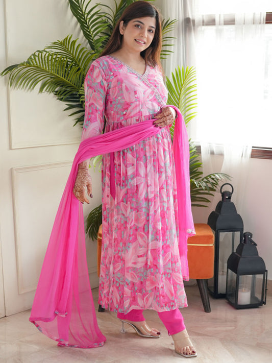 Pink Printed floral A-Line Kurta Set