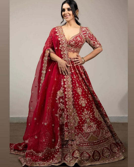 Red Satin Thread Embroidered Lehenga