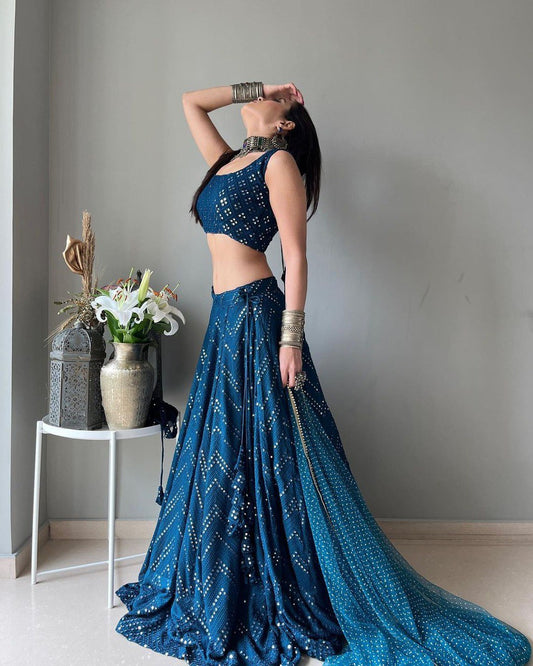 Blue Thread Embroidery Work Lehenga