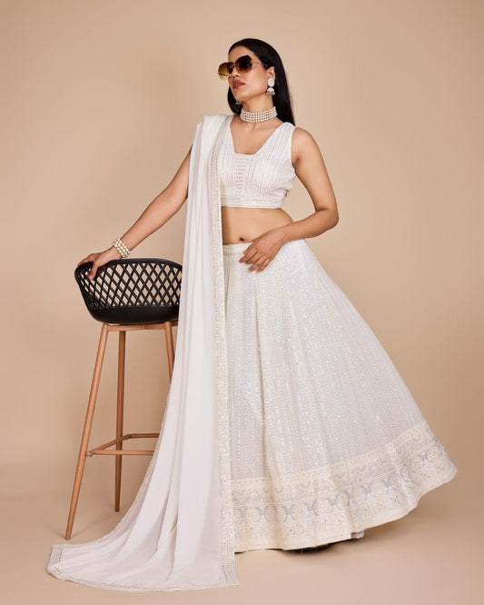 White Sequin Thread Embroidery Lehenga Set