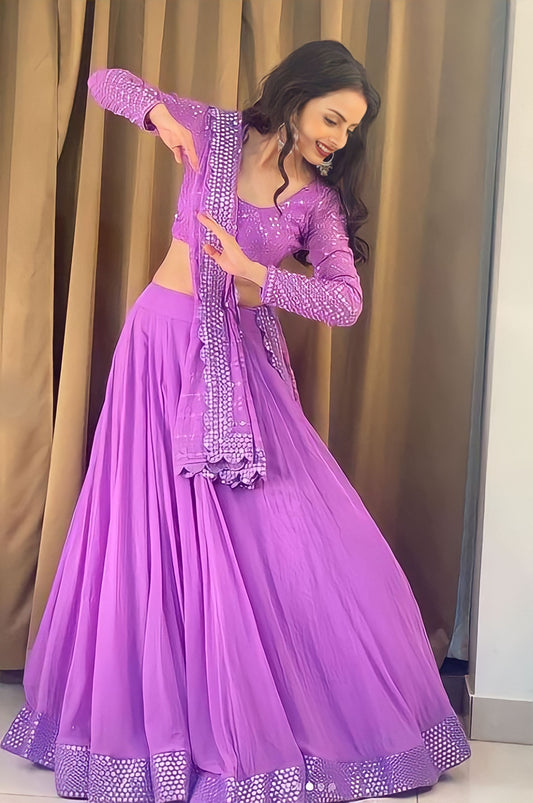 Lavender Georgette Lehenga With Thread Work