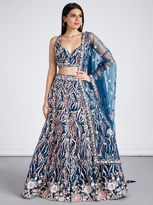 Navy blue Net Sequins and thread embroidery Lehenga Set