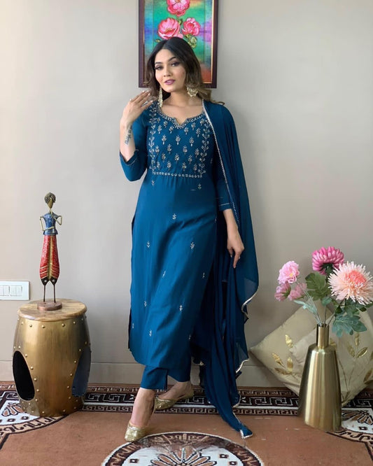 Blue Rayon Embroidery Kurta