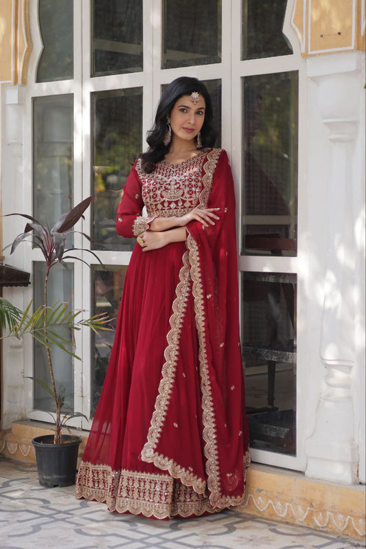 Maroon Embroidery Work Georgette Lehenga