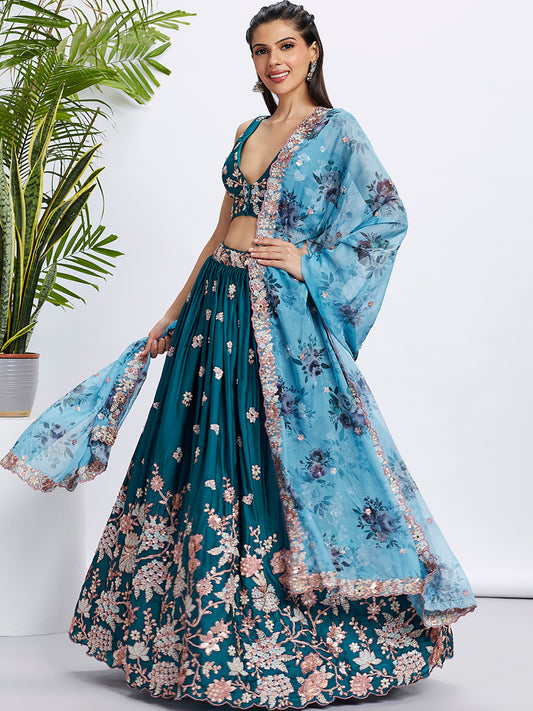 Teal Pure Georgette Sequins and thread embroidery Lehenga Set