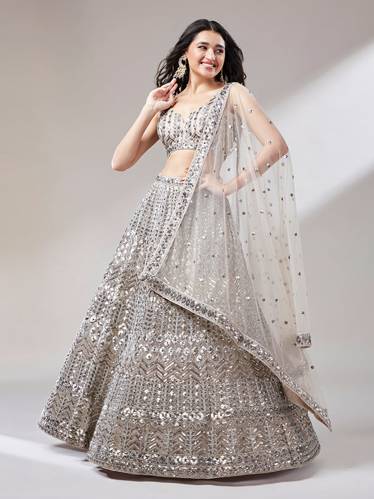 Beige - Net Mirror & Sequins Embroiderey Lehenga Set