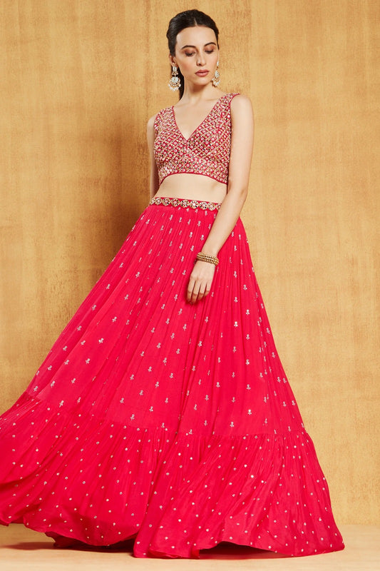 Red Zari Embroidery Georgette Lehenga