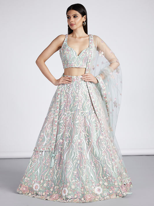 Lime Green Net Sequins and thread embroidery Lehenga Set