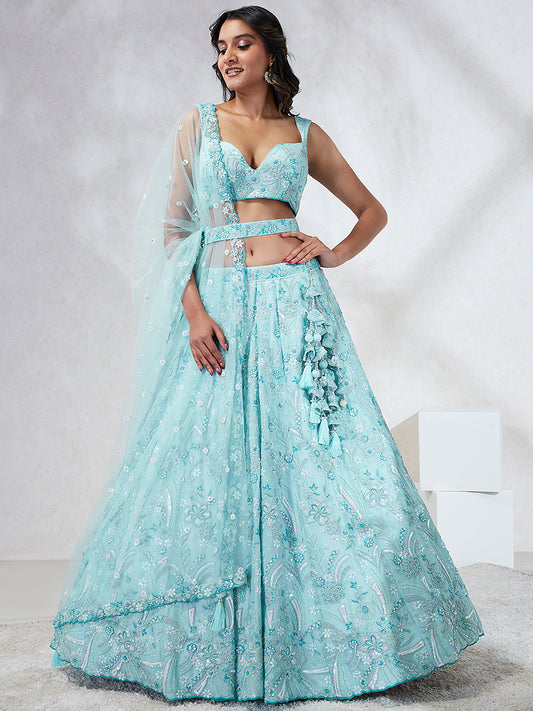 Turquoise Blue Georgette Sequins and thread embroidery Lehenga Set