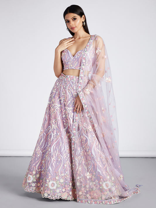 Mauve Net Sequins and thread embroidery Lehenga Set