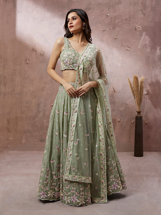 Lime Green Pure Georgette Sequins with heavy Zarkan embroidery Lehenga Set