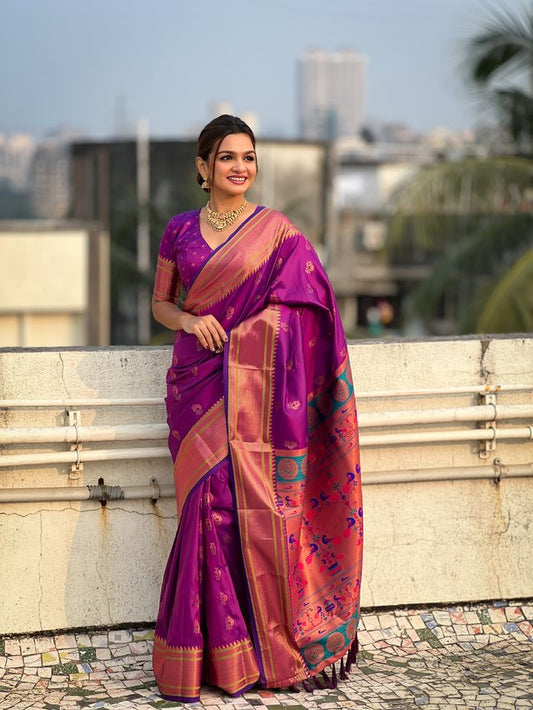 Purple Color Soft  Silk Fabric Graceful Wevon Nath Meenakari Designer Saree