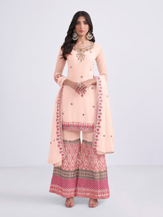 Peach Georgette Kurta Set  With Beautifully Crafted With Multithread, Sequins & Zari Embroidery With Khatli Work On Neckline