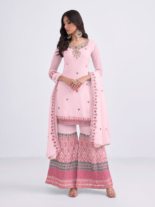 LightPink Georgette Kurta Set  With Beautifully Crafted With Multithread, Sequins & Zari Embroidery With Khatli Work On Neckline