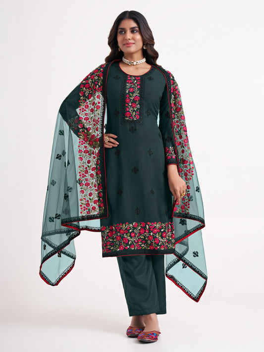 Green Georgette Kurta Set  With Multi Thread, Sequins & Zari Embroidered With Stone Work